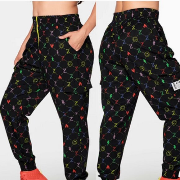 NWT Zumba Wear Marvelous Fun and Happy High Waisted Black light Track Pants M - Picture 1 of 1